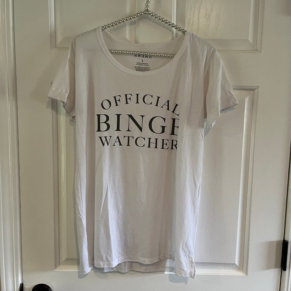 Awake Ladies White Round Neck Short Sleeve Binge Watcher Graphic Tee Size L
